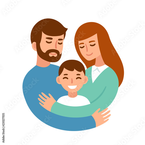 Parents hugging child