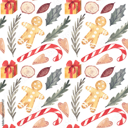 Watercolor Candy cane  Holly  seamless pattern. Watercolor texture.