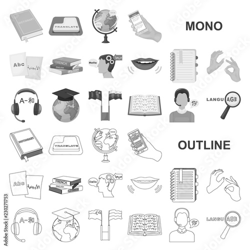 Translator and linguist monochrom icons in set collection for design. Interpreter vector symbol stock web illustration.