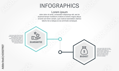 Flat line vector illustration. Infographic template with two elements, hexagons, text. Timeline step by step. Designed for business, presentations, web design, diagrams, training with 2 steps