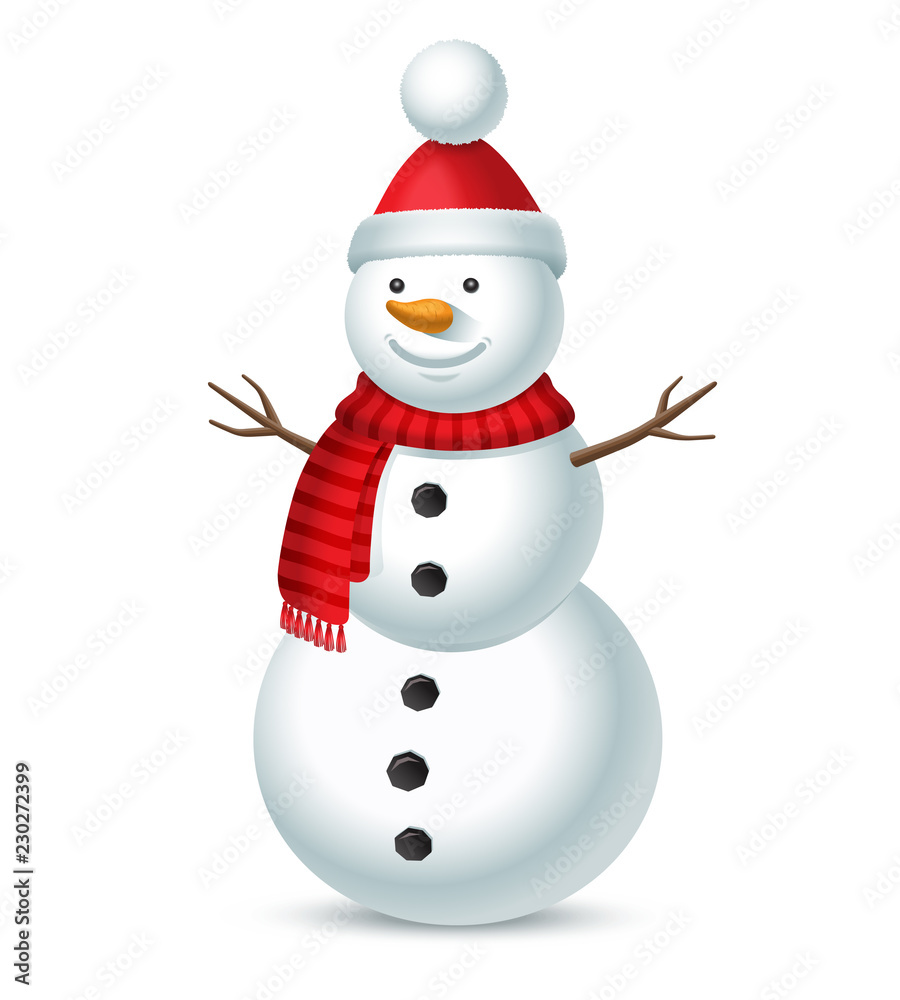 Christmas snowman with red hat with a bubo and striped scarf isolated on white background. Vector illustration