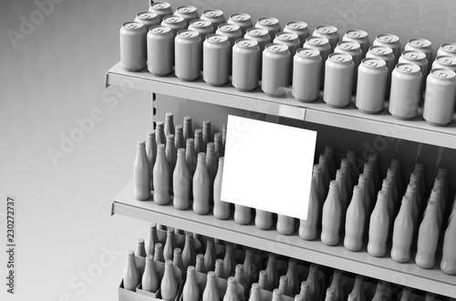 Blank products on supermarket shelves with square wobbler. Mockup. 3d illustration.  photo