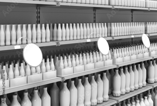 Blank products on supermarket shelves with round wobblers in perspective. 3d illustration. photo
