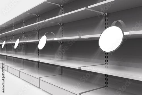 Empty shelves in a supermarket with round wobblers in perspective. 3d illustration. photo