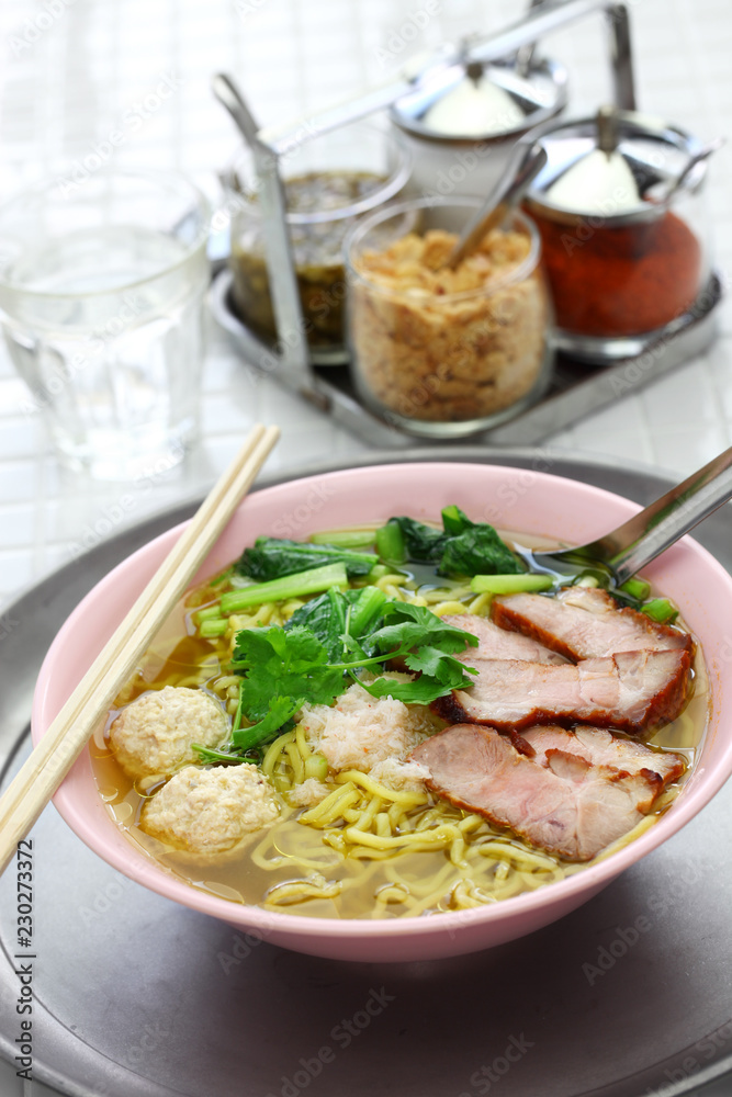 bami nam, egg noodles soup served with roast pork, thai food bami nam, egg noodles soup served with roast pork, thai food