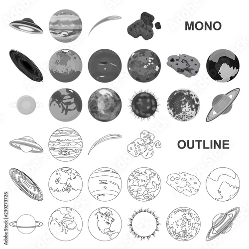 Planets of the solar system monochrom icons in set collection for design. Cosmos and astronomy vector symbol stock web illustration.