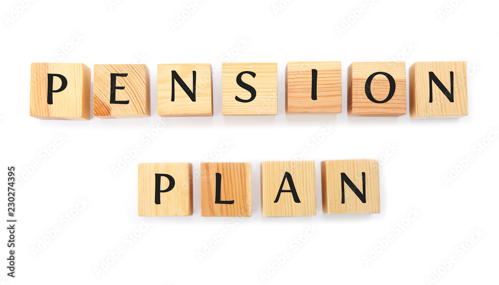 Wooden cubes with text PENSION PLAN on white background Wooden cubes with text PENSION PLAN on white background