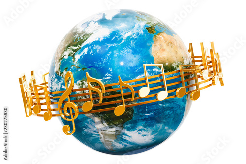 Earth Globe with musical notes around, 3D rendering