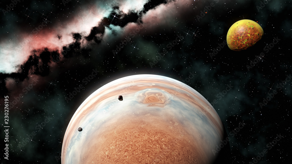 Obraz premium gas giant planet and volcanic moon (like Jupiter and Io), 3d render