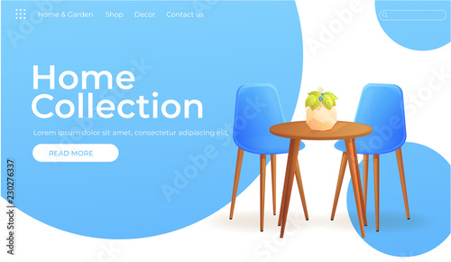 Furniture store for home design banner.  Modern interior with table and chairs and plant . Landing Page Website concept