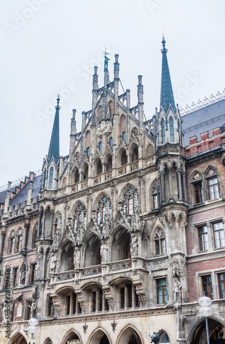 Fragment of New Town Hall of Munich  Neues Rathaus  neo-Gothic style palace in Marienplatz  the town square in historic center. Germany  Europe