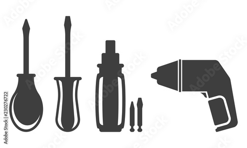 A group of icons of various types of screwdrivers. Vector on white background.