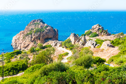 View from the Cap Spartel across the Strait of Gibraltar with Spain in distance in Morocco, Africa