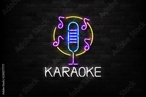 Vector realistic isolated neon sign of Karaoke logo for decoration and covering on the wall background. Concept of night club and live music.