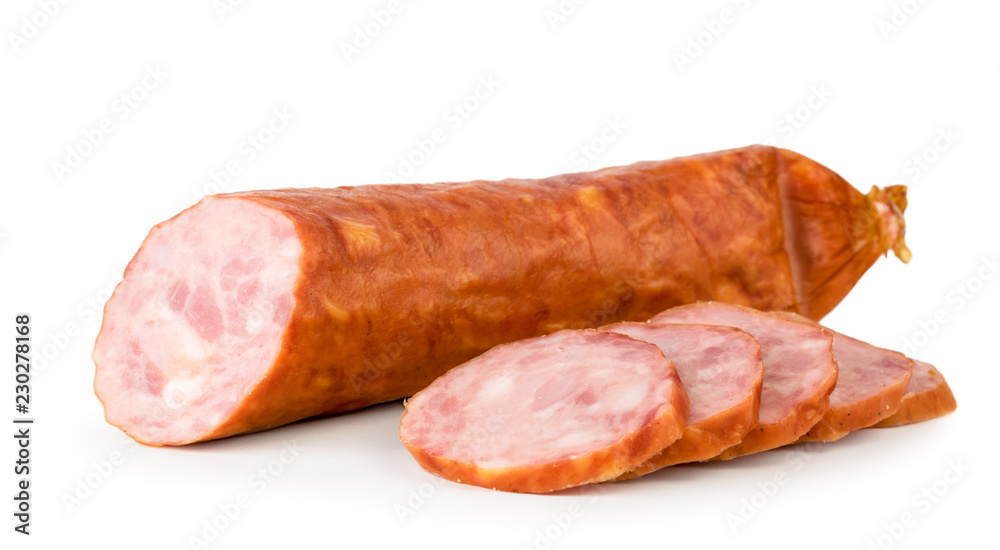 Rocking sausage cut into pieces close-up on a white. Isolated. Rocking sausage cut into pieces close-up on a white. Isolated.