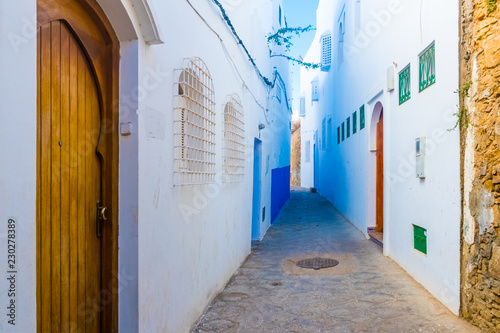 Door and beautiful street of white ancient medina of the Asilah village in Morocco © pszabo