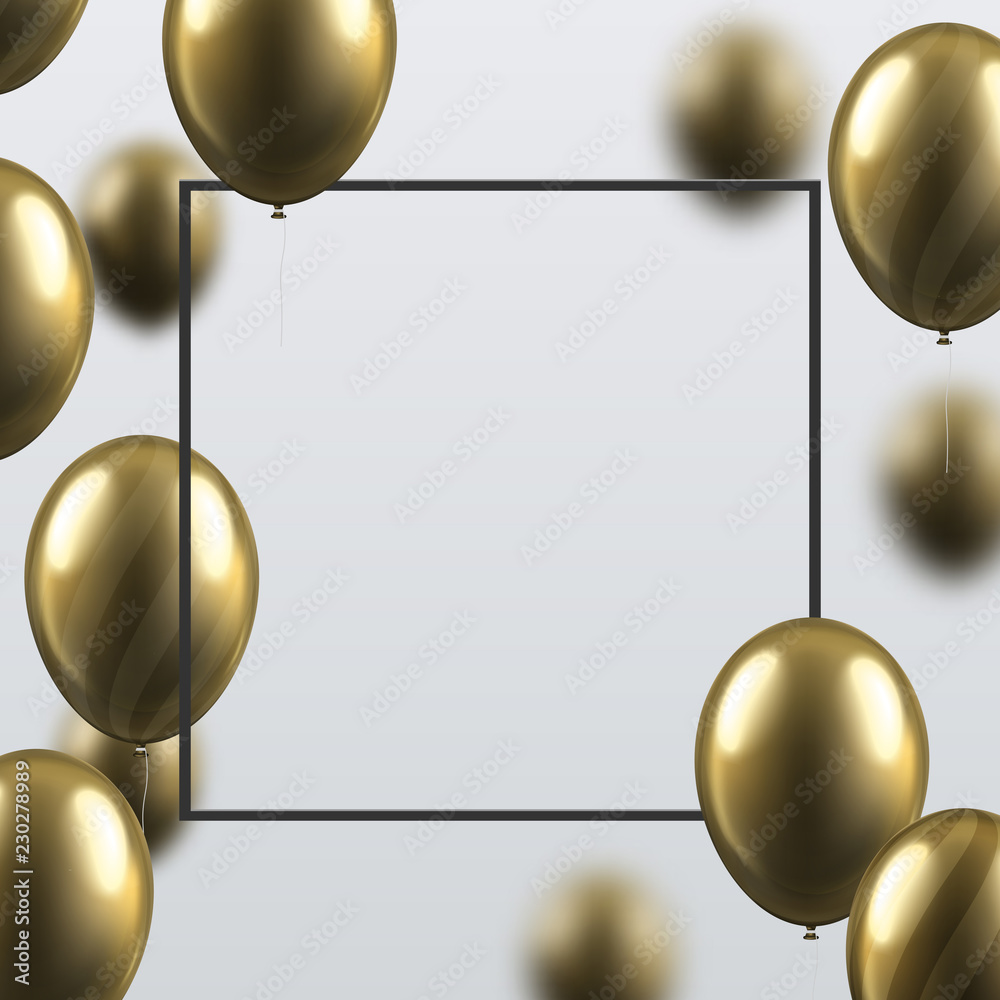 Festive background with black frame and golden shiny balloons.