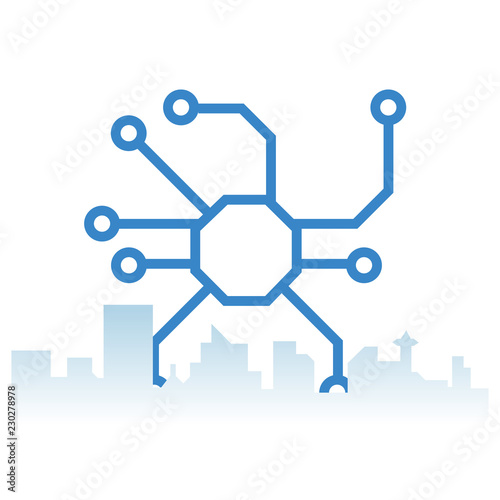 Graphic circut monster with eight arms towering over a city skyline