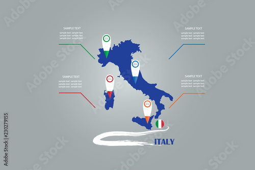 Infographic of the blind map and circle flag of Italy with labels and blank randomly spaced tracker map indicators ready for your text. 