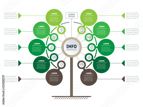 Green Business presentation concept with 10 options. Web Template of timeline, tree, info chart or diagram. Vector infographic of agriculture processes with 10 steps.