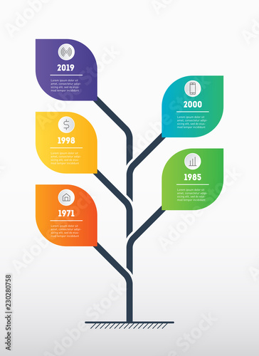 Business presentation concept with 5 options. Web Template of service tree, info chart or diagram. Vector. Infographic of technology or education process with 5 points.