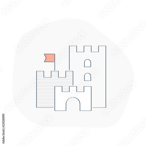 Medieval Castle fantasy, simple linear castle with towers, symbol of strengthening, protection, stronghold, stability and security
