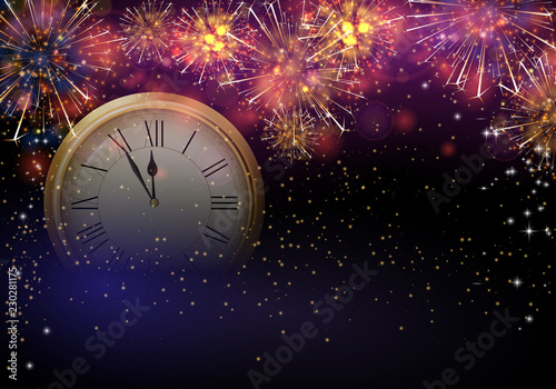 Christmas and New Year festive poster with clock and firework.