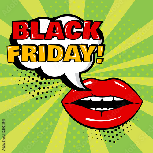 White comic bubble with BLACK FRIDAY word and red lips on green background. Card in pop art style. Vector illustration