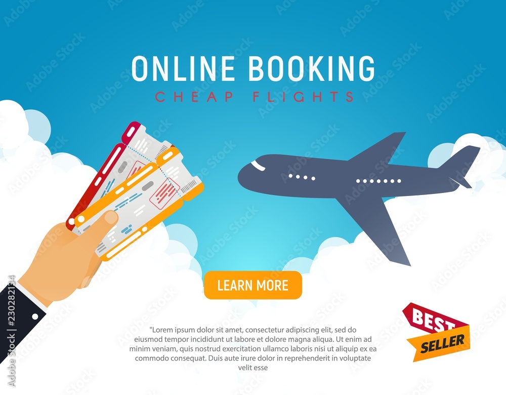 Vecteur Stock Cheap flight travel vector banner best seller . Online  booking airline tickets background concept. Air travel and Business trip  concept. | Adobe Stock
