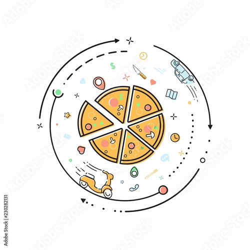 Pizza delivery outline vector illustration concept. Pizzapie restaurant 360 . Web app of food conveyance services mbe flat style isolated circle infographic on white background
