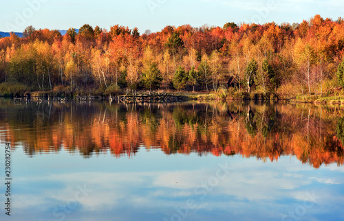 Autumn landscape with lake in the forest. Autumn forest.