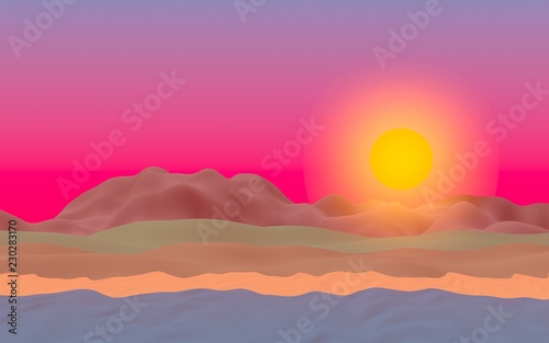 Sun Sea Beach. Sunset. Ocean shore line with waves on a beach. Island beach paradise with waves. Vacation, summer, relaxation. Seascape, seashore. Minimalist landscape, primitivism. 3D illustration