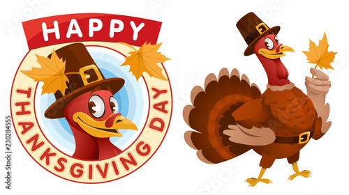 Happy Thanksgiving Day. Cartoon turkey in a pilgrim hat keeps the autumn leaf. photo