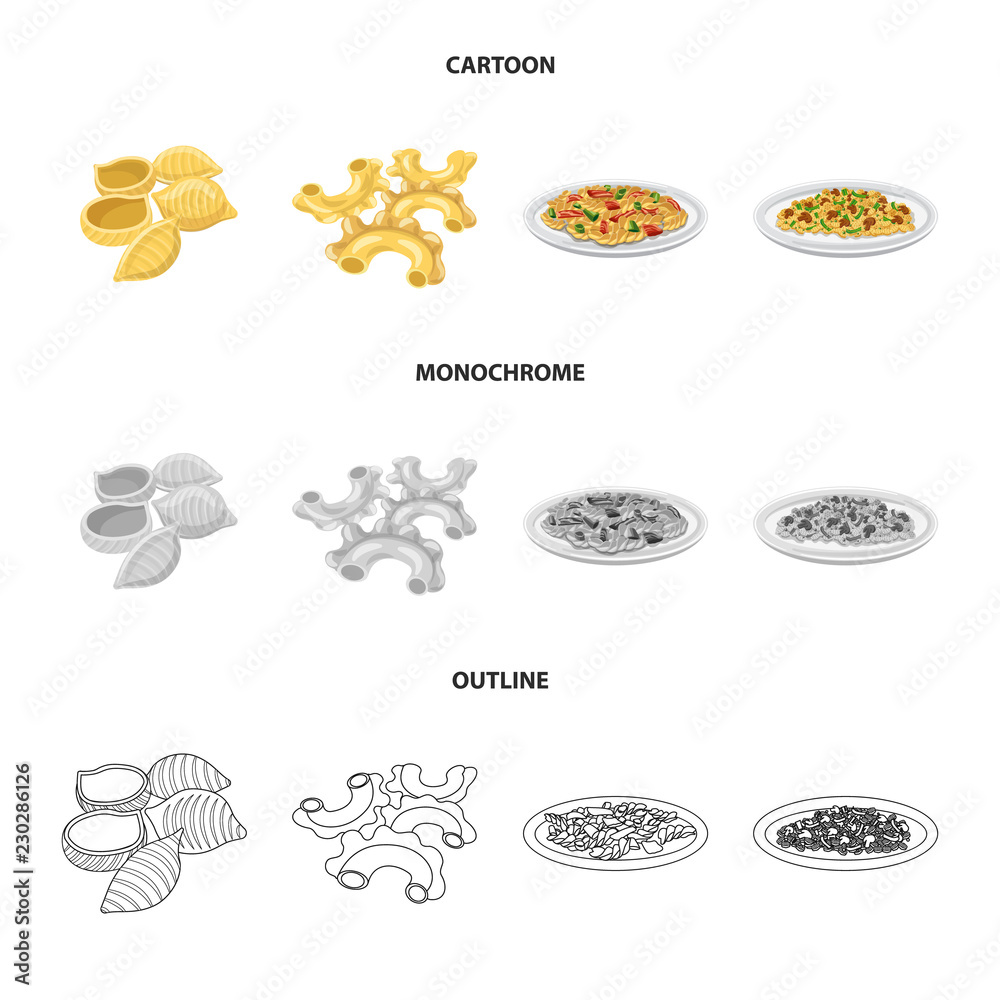 Vector design of pasta and carbohydrate sign. Collection of pasta and macaroni stock vector illustration.