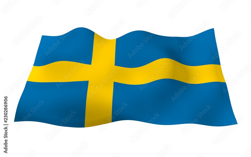 The flag of Sweden. Official state symbol of the Kingdom of Sweden. A blue field with a yellow Scandinavian cross that extends to the edges of the flag. 3d illustration The flag of Sweden. Official state symbol of the Kingdom of Sweden. A blue field with a yellow Scandinavian cross that extends to the edges of the flag. 3d illustration