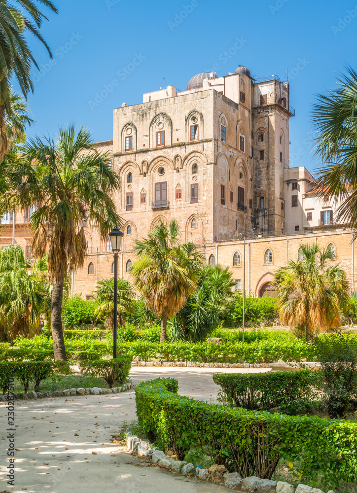 Palazzo dei Normanni (Palace of the Normans) or Royal Palace of Palermo as seen from Villa Bonanno. Sicily, southern Italy.