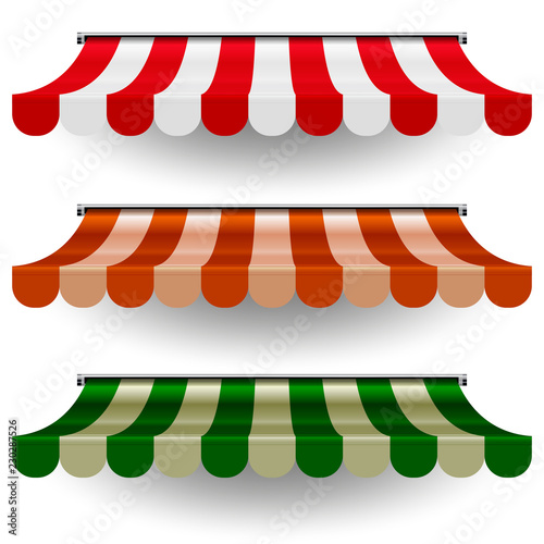 Commercial Canopy Awning Series. Vector Pop Up Store. Multicolored Striped Awnings with Shadows. Design Element for Poster, Banner, Advertising.
