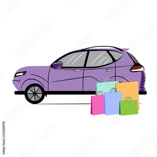 Lilac Car with Paper Bags. Shopping Trip to the Store. Icon. Sketch. Symbol. Sign. Stock Vector Illustration. Transparent. White Isolated.