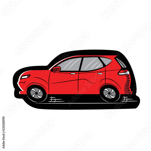 Red Car with Black Contour Sticker. Sketch-Style Icon. Symbol. Sign. Stock Vector Illustration. Transparent. White Isolated.
