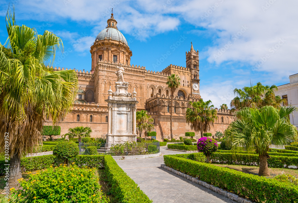 The Cathedral of Palermo with the Santa Rosalia statue and garden. Sicily, southern Italy.