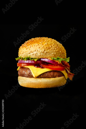 fresh tasty burger and on dark background