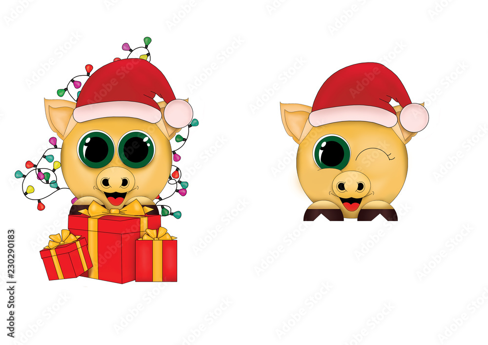 Two New Year pigs on white background with red gift box. Two New Year pigs on white background with red gift box.
