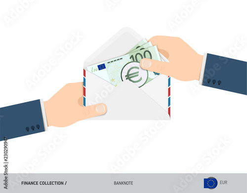 100 Euro Banknotes in envelope hold in hand. Flat style opened white envelope with cash. Salary payout or corruption concept.