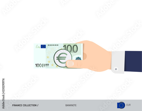100 Euro Banknote. Hand gives money. Flat style vector illustration. Salary payout or corruption concept.