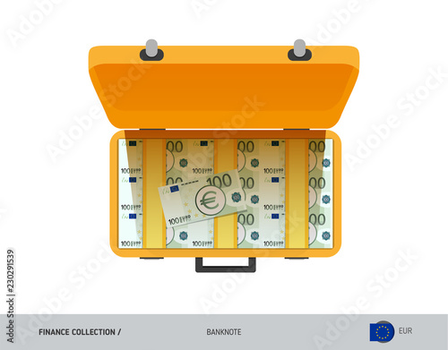 Yellow case with 100 Euro Banknotes. Flat style vector illustration. Salary payout or corruption concept.