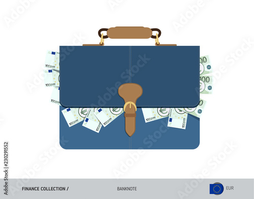 Leather briefcase with 100 Euro Banknotes. Flat style vector illustration. Salary payout or corruption concept.