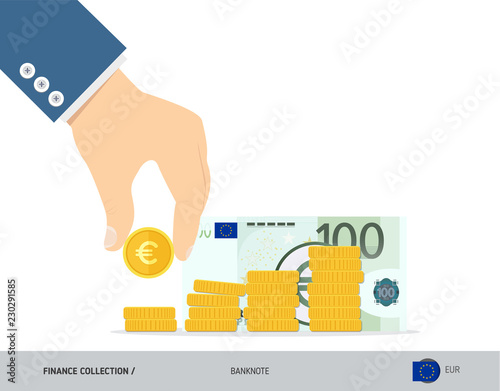 Hand putting coins to coin stack with 100 Euro Banknote. Flat style vector illustration. Growing graph. Finance concept.
