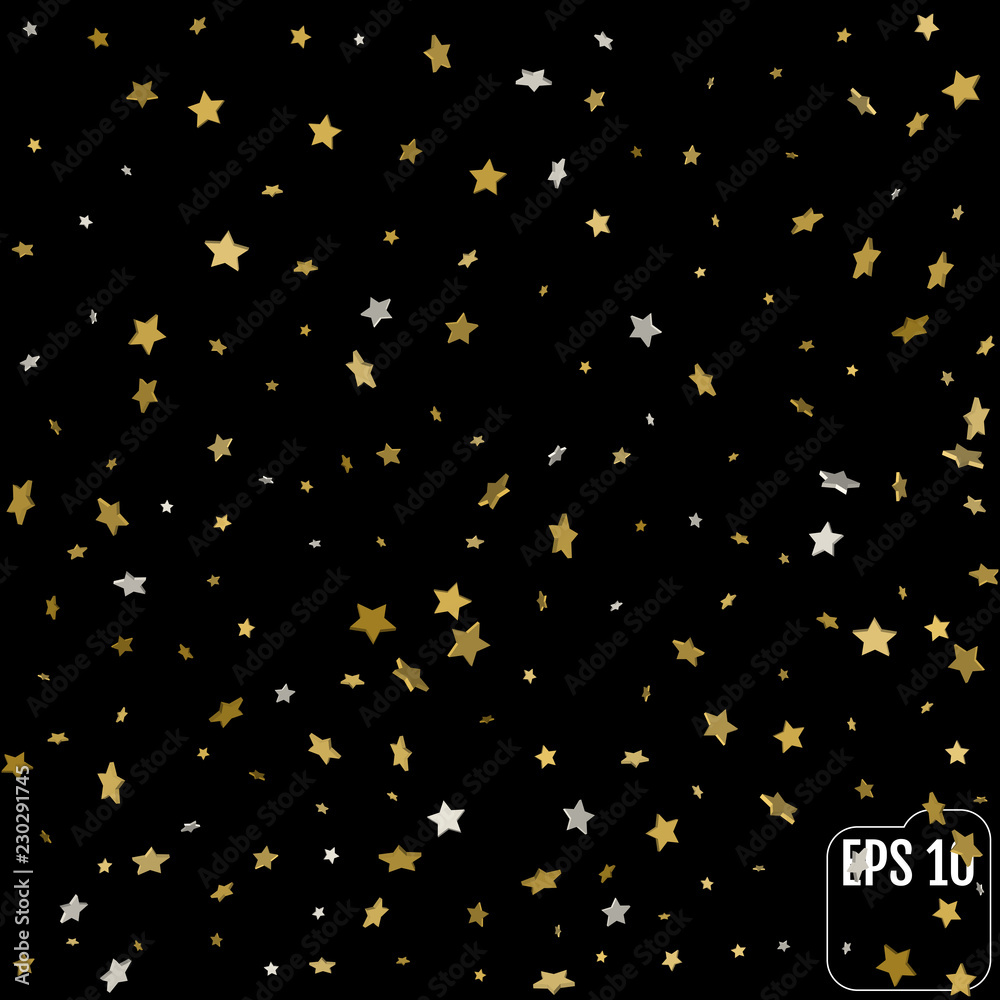 Abstract pattern of random falling 3d gold stars on black background. Glitter pattern for banner, greeting card, Christmas and New Year card, invitation, postcard, paper packaging. Vector illustration Abstract pattern of random falling 3d gold stars on black background. Glitter pattern for banner, greeting card, Christmas and New Year card, invitation, postcard, paper packaging. Vector illustration