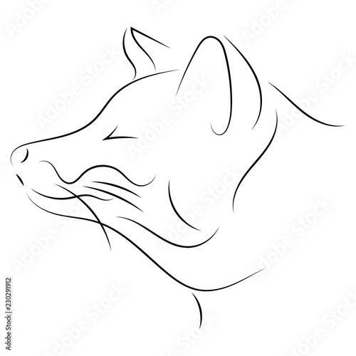 Stylized fox face. Hand drawn linear sketch. Black on white.