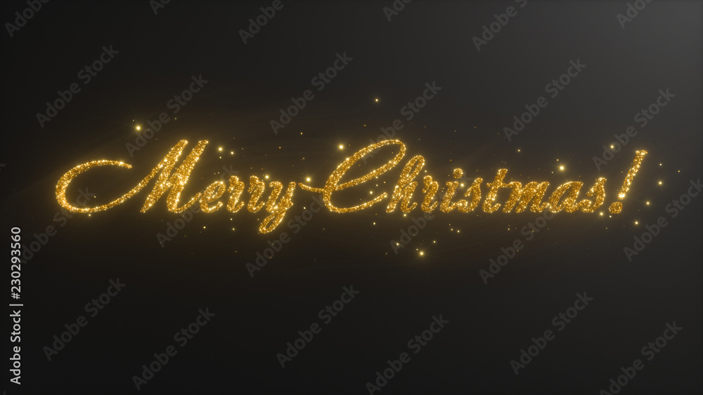 Merry christmas background. Holiday creative composition with bright shining gold confetti lettering on black plane. 3d rendering